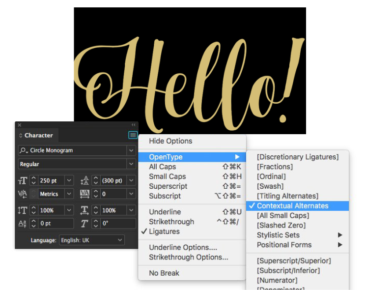 how to use opentype features in indesign